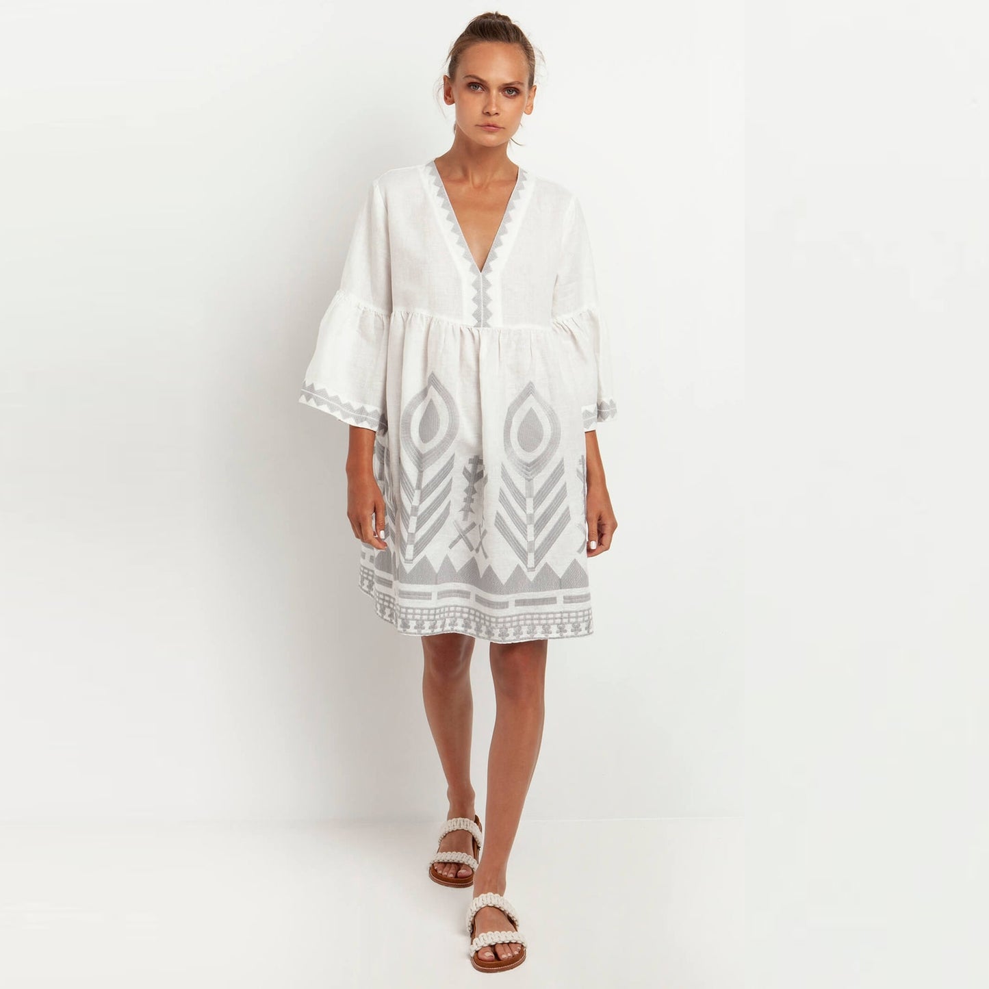 - Feather Chevron Mini Dress - White Grey