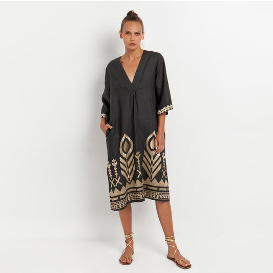 - Feather V Neck Linen Kaftan Dress - Charcoal Gold