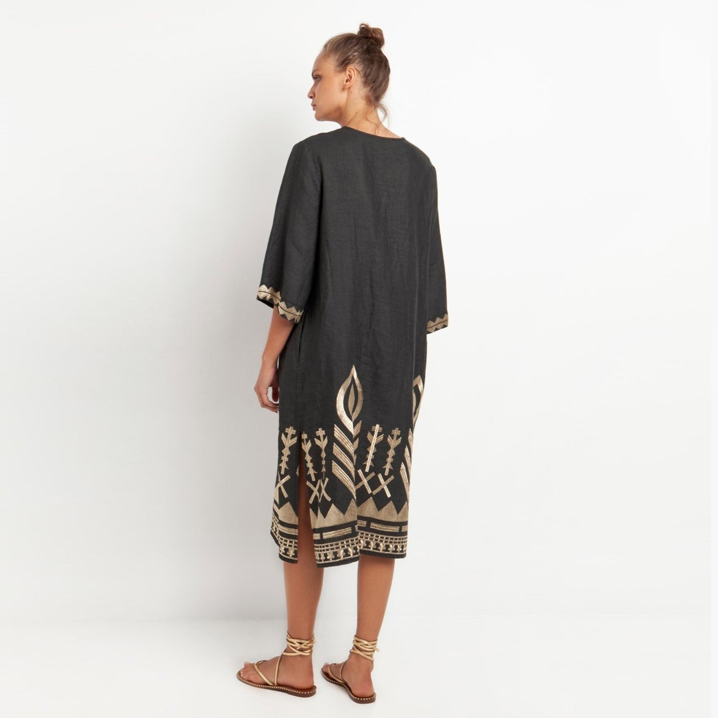 - Feather V Neck Linen Kaftan Dress - Charcoal Gold