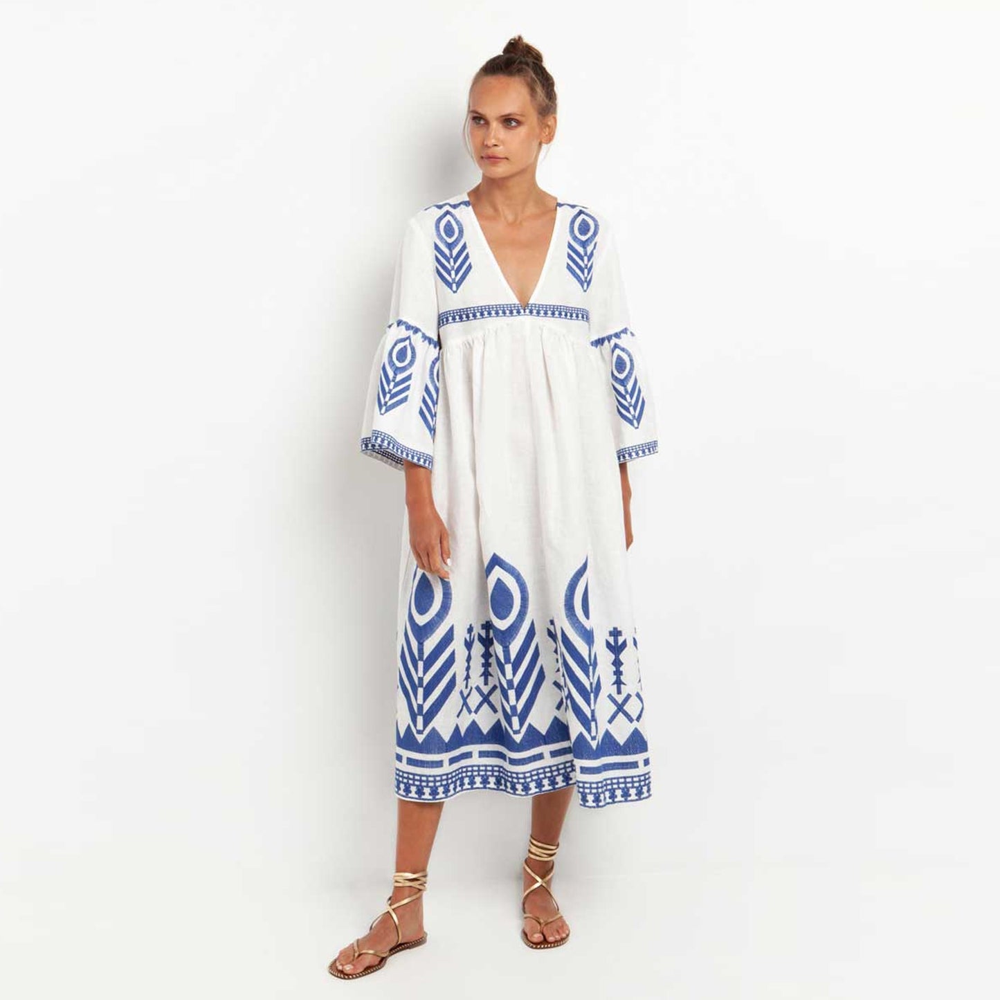 Maxi Dress Feather Bell Sleeve - White Blue