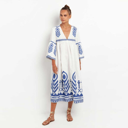 Maxi Dress Feather Bell Sleeve - White Blue