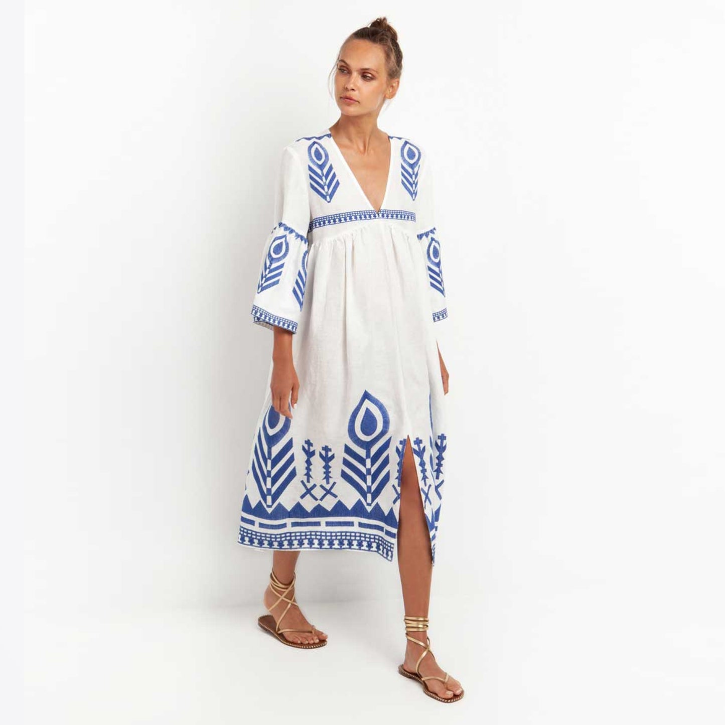Maxi Dress Feather Bell Sleeve - White Blue