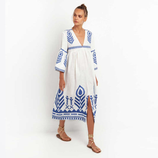 Maxi Dress Feather Bell Sleeve - White Blue