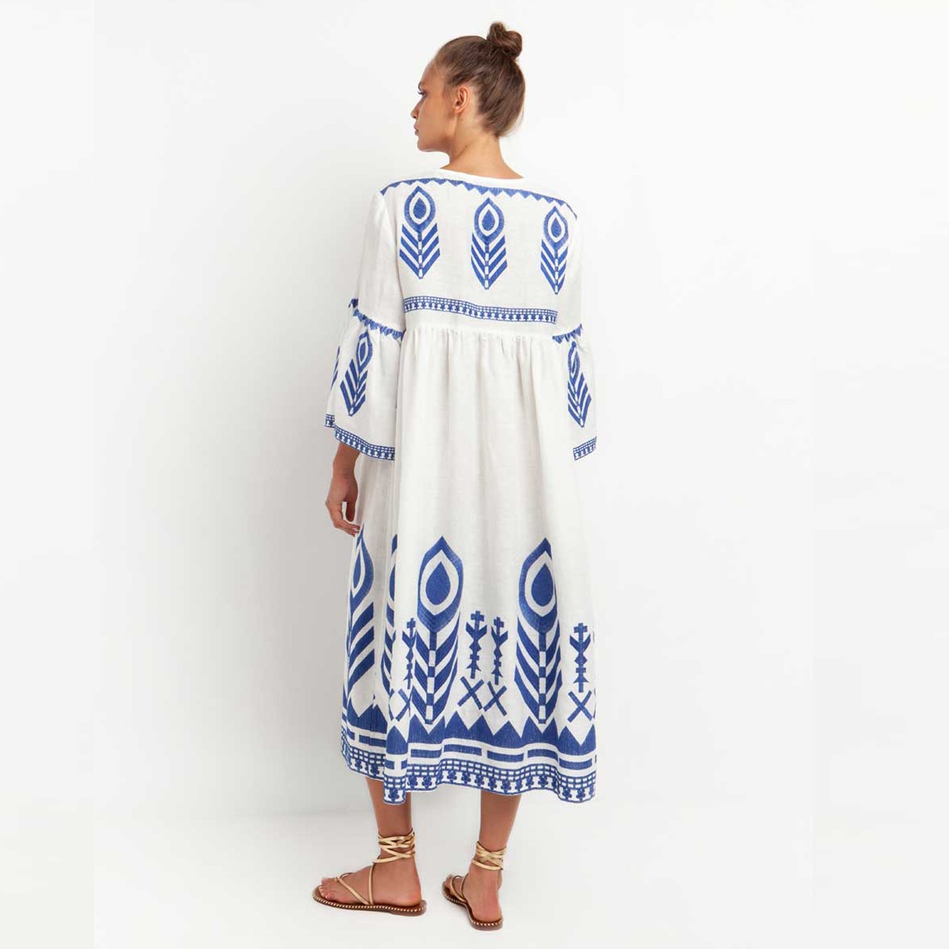 - Maxi Dress Feather Bell Sleeve - White Blue - 4X / WHITE/BLUE - Maxi Dress Feather Bell Sleeve - White Blue - 4X / WHITE/BLUE