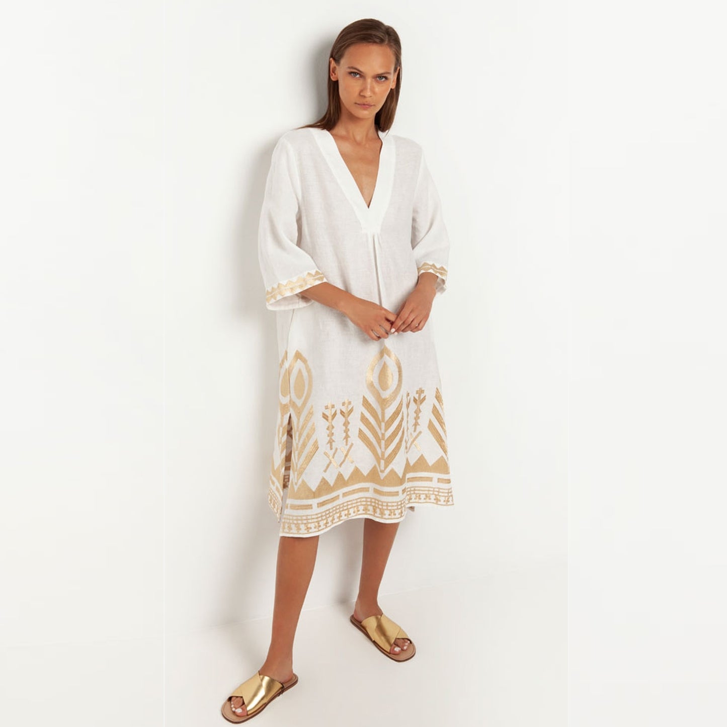 - Feather Linen V Neck Kaftan Dress - White Gold
