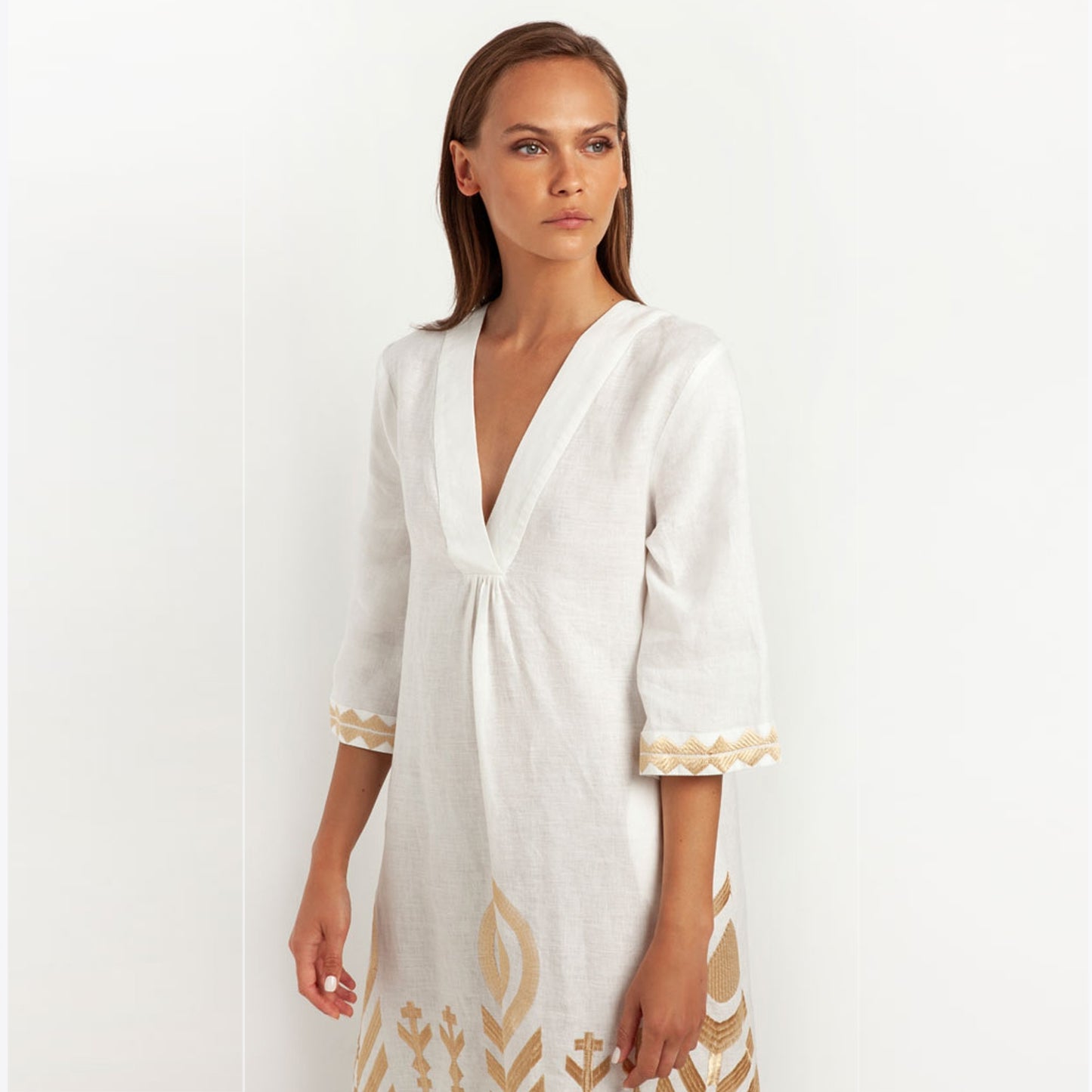 - Feather Linen V Neck Kaftan Dress - White Gold