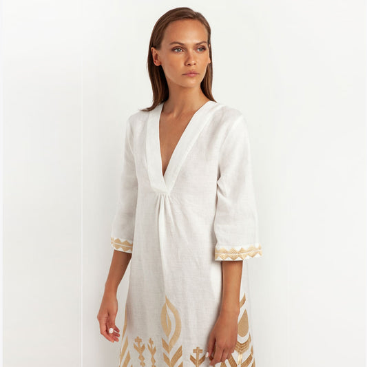 - Feather Linen V Neck Kaftan Dress - White Gold