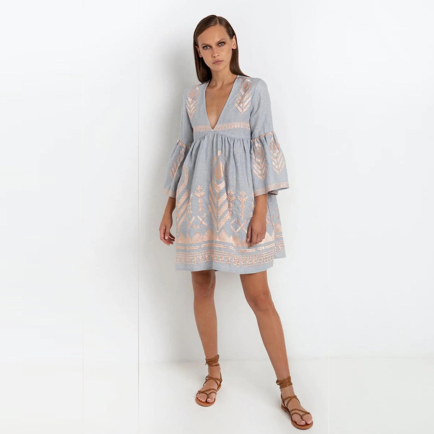 - Feather Embroidered Dress - Light Grey Pink Bronze