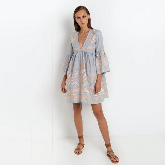 - Feather Embroidered Dress - Light Grey Pink Bronze