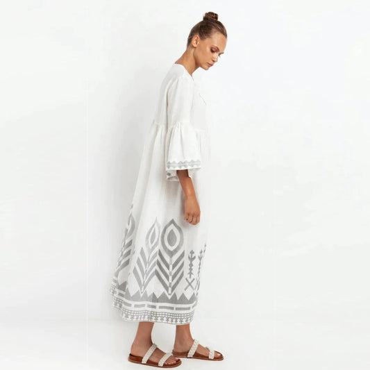 - Feather Chevron Maxi Dress - White/Grey