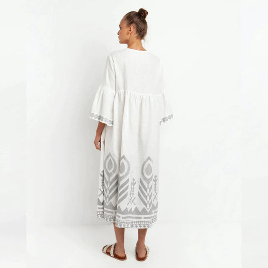 - Feather Chevron Maxi Dress - White/Grey