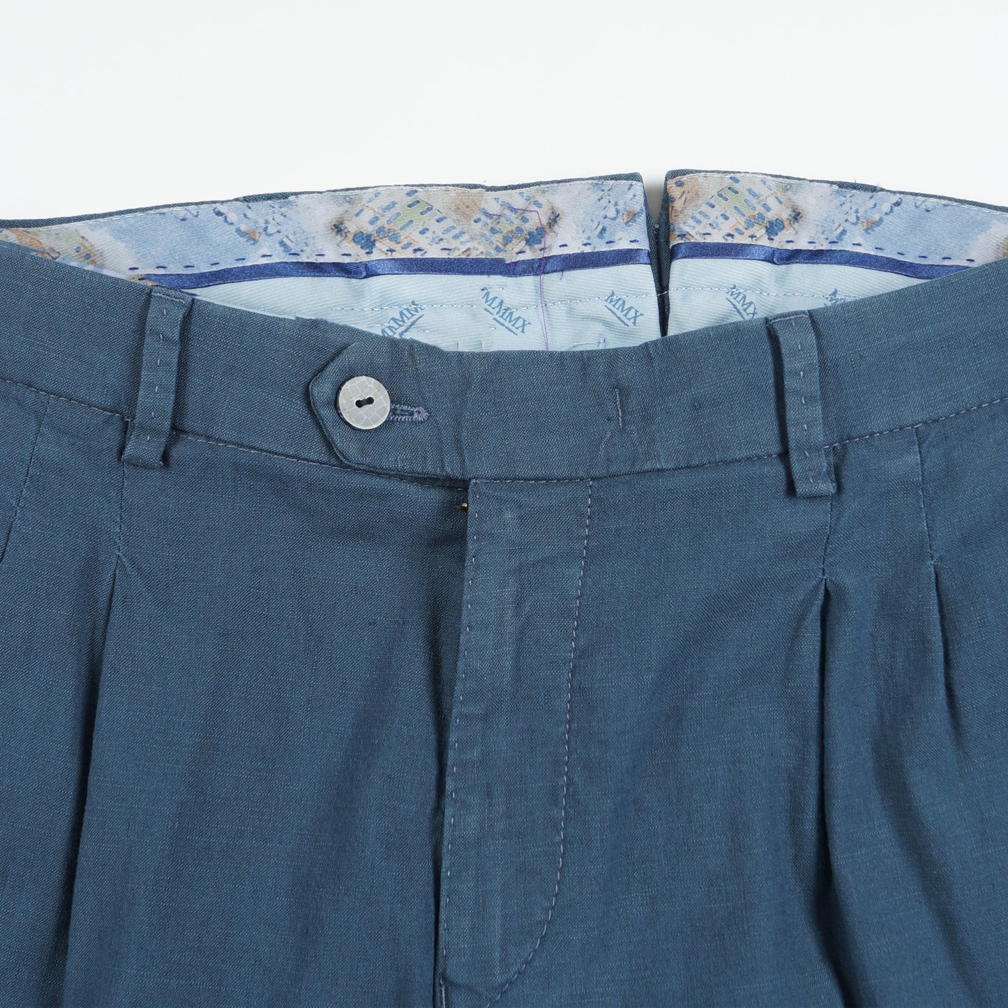 - Pleated Stretch Linen Trousers - Blue