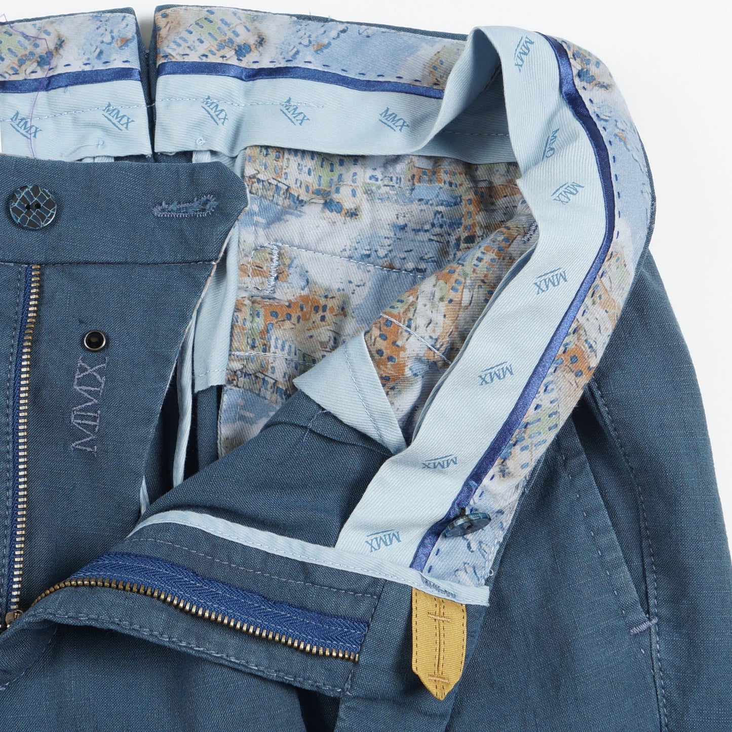 - Pleated Stretch Linen Trousers - Blue