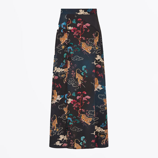 - Side Split Silk Maxi Skirt - Tiger Black