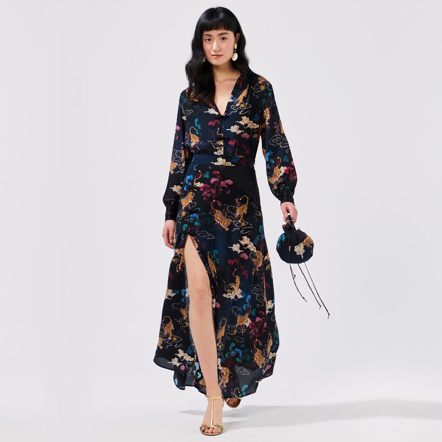 - Side Split Silk Maxi Skirt - Tiger Black