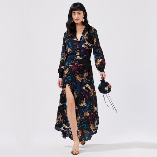 - Side Split Silk Maxi Skirt - Tiger Black