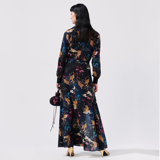 - Side Split Silk Maxi Skirt - Tiger Black