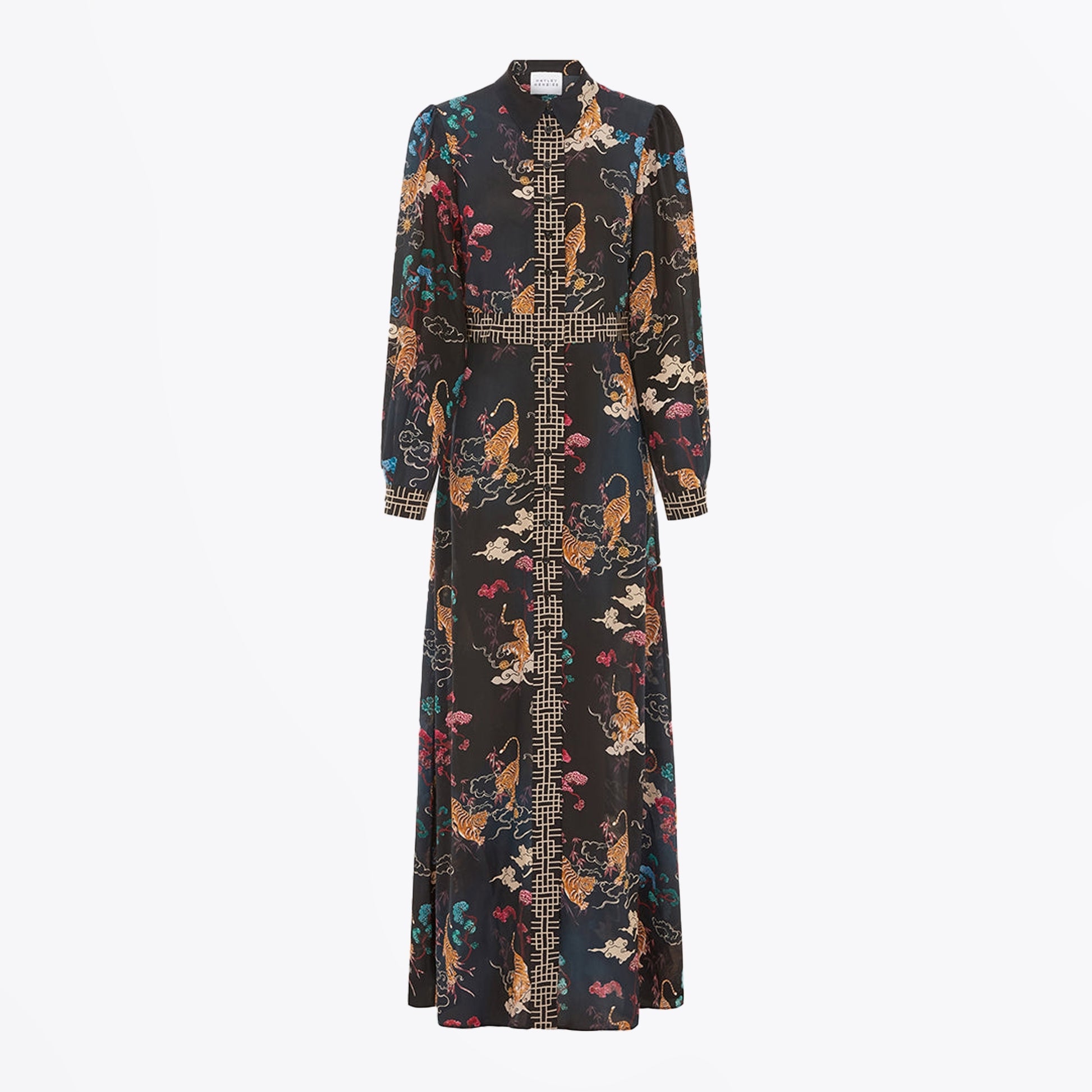 Hayley Long Sleeve Silk Maxi Shirt Dress - Tiger Black