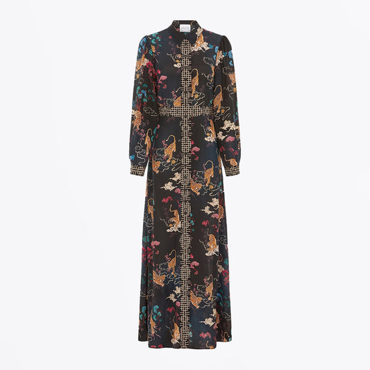 Long Sleeve Silk Maxi Shirt Dress - Tiger Black