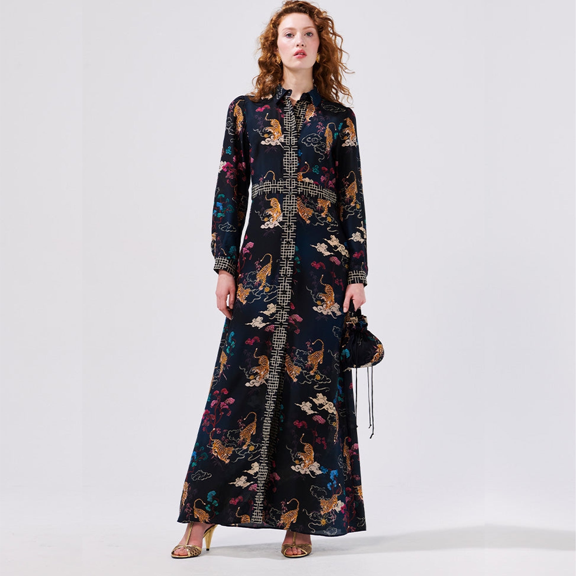 Hayley Long Sleeve Silk Maxi Shirt Dress - Tiger Black