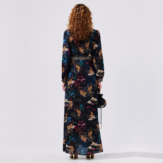 Long Sleeve Silk Maxi Shirt Dress - Tiger Black