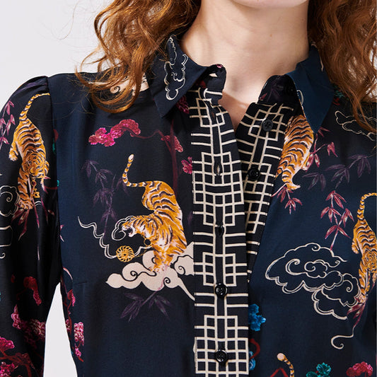Long Sleeve Silk Maxi Shirt Dress - Tiger Black
