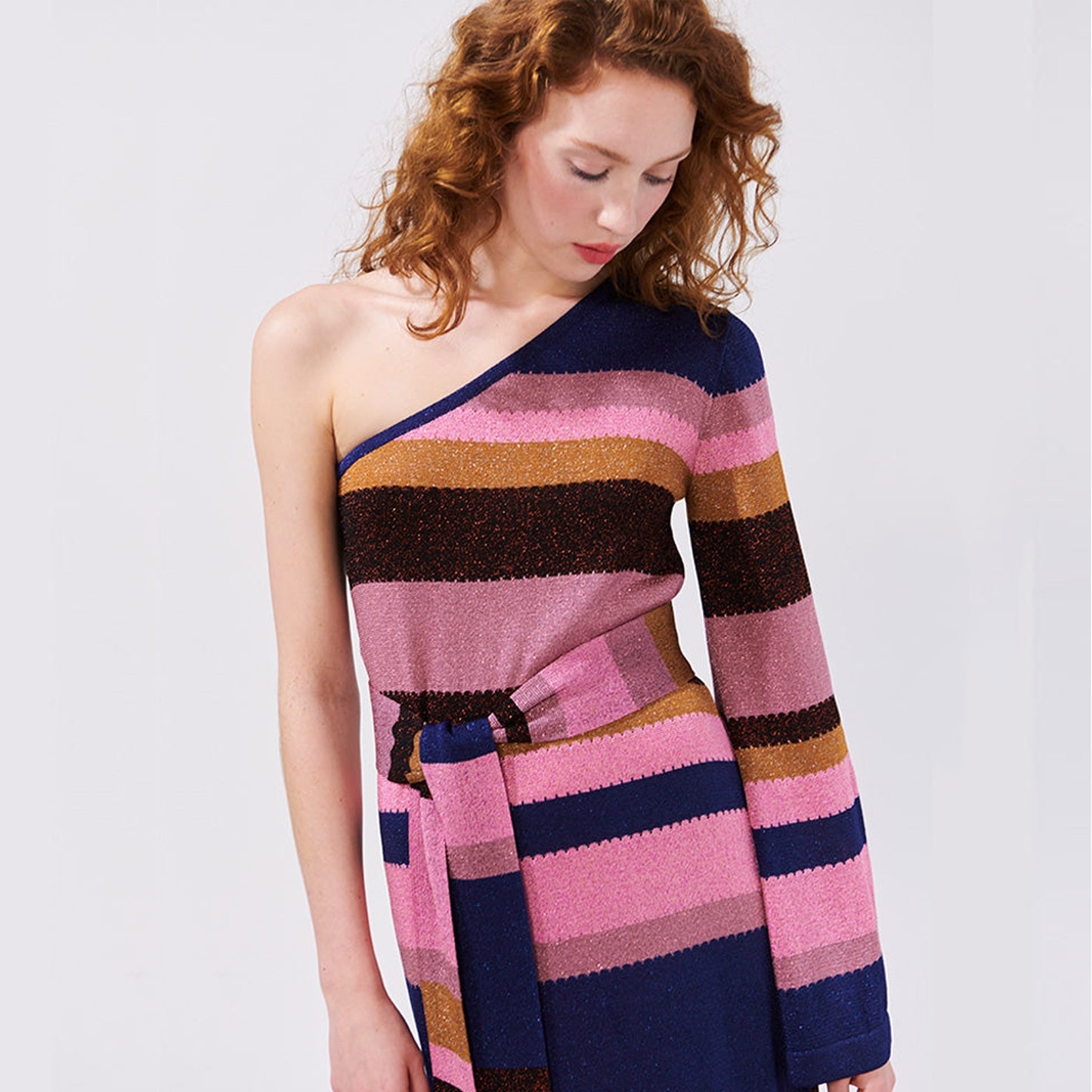 - One Sleeve Maxi Dress - Multi Stripe