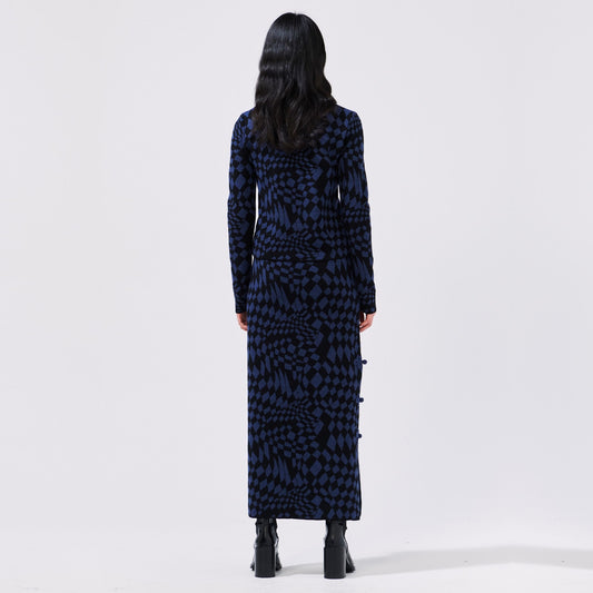 - Merino Jacquard Split Skirt - Navy/Black