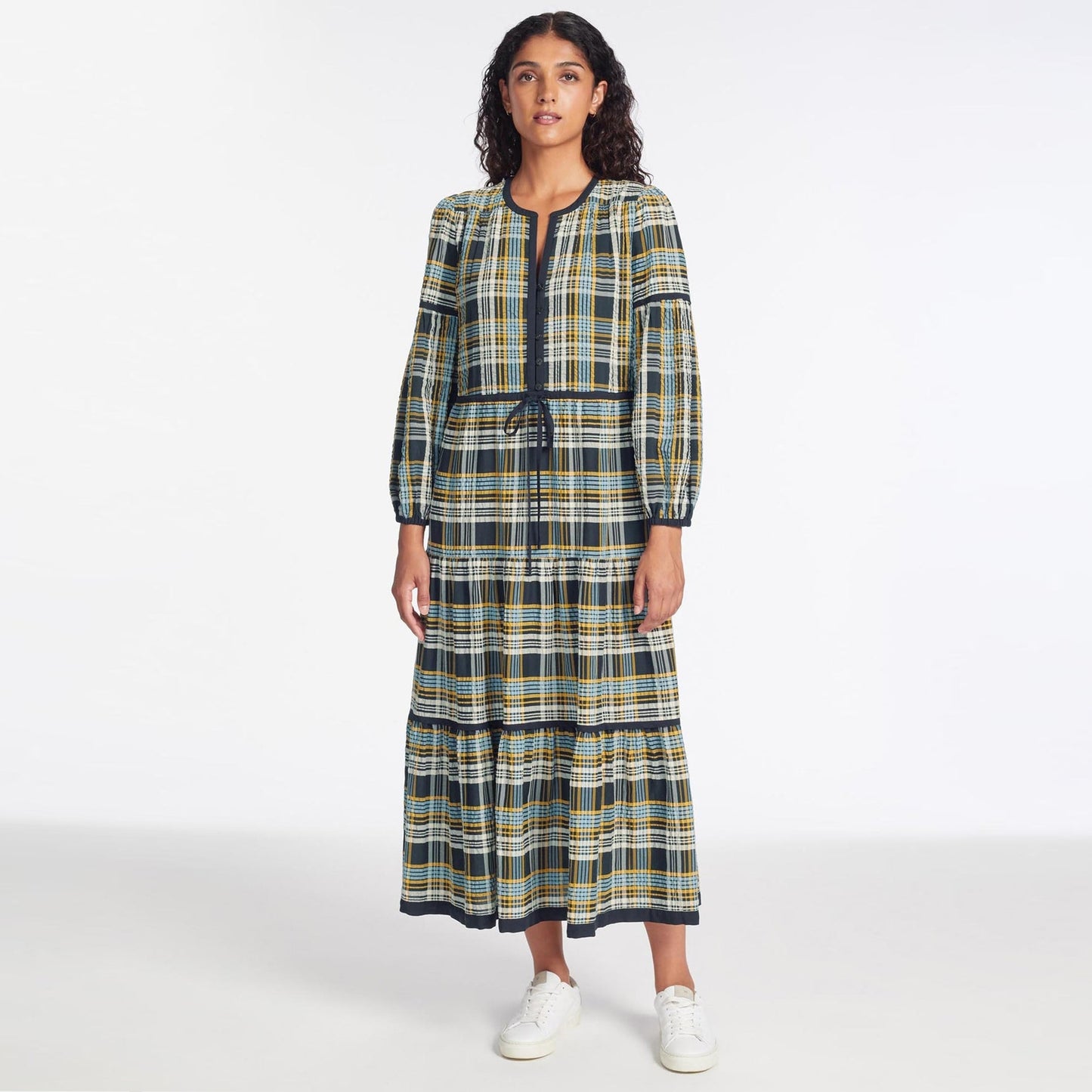 - Katie Seersucker Midi Dress - Navy/Yellow