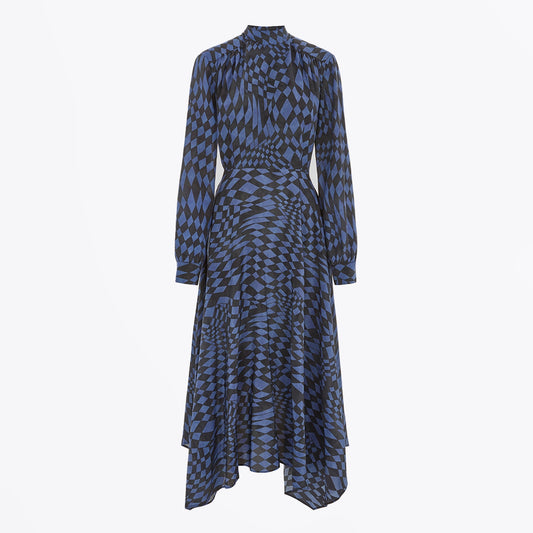 Handkerchief Silk Dress - Black/Blue Check