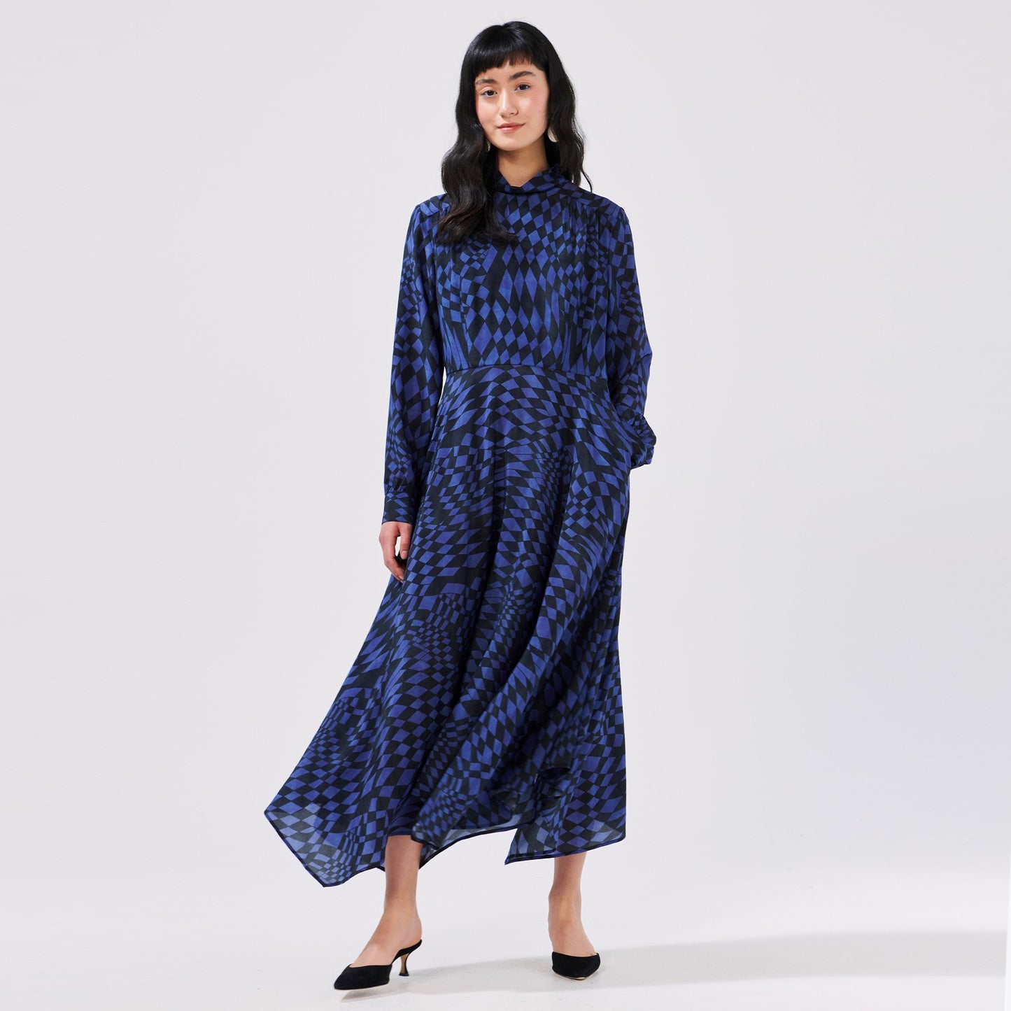 Handkerchief Silk Dress - Black/Blue Check