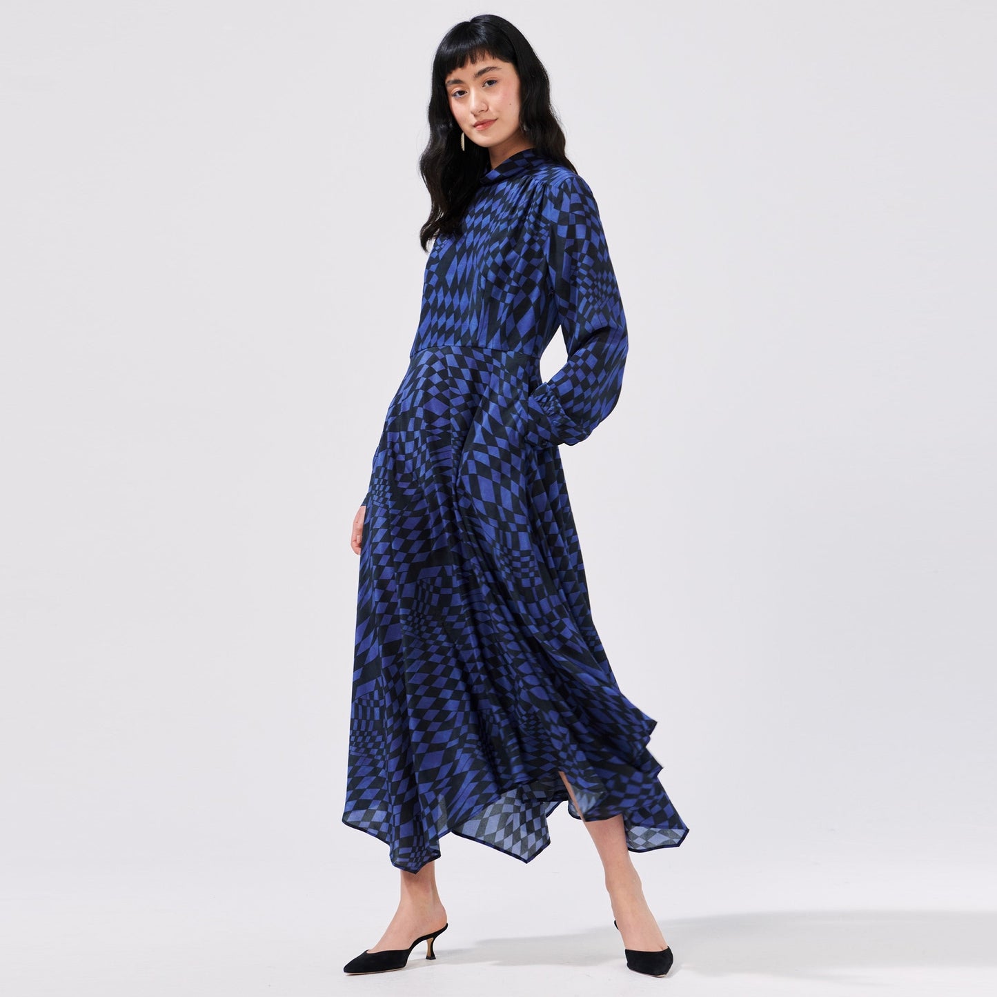 Handkerchief Silk Dress - Black/Blue Check