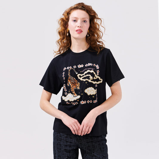 - Printed Embellished T-Shirt - Black