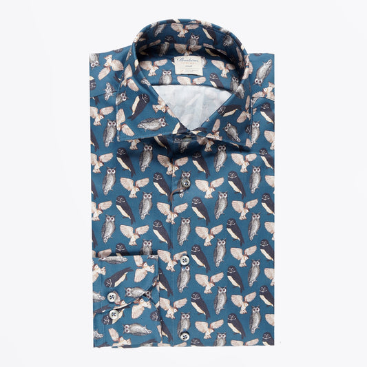 - Fitted Body Owl Print Shirt - Navy