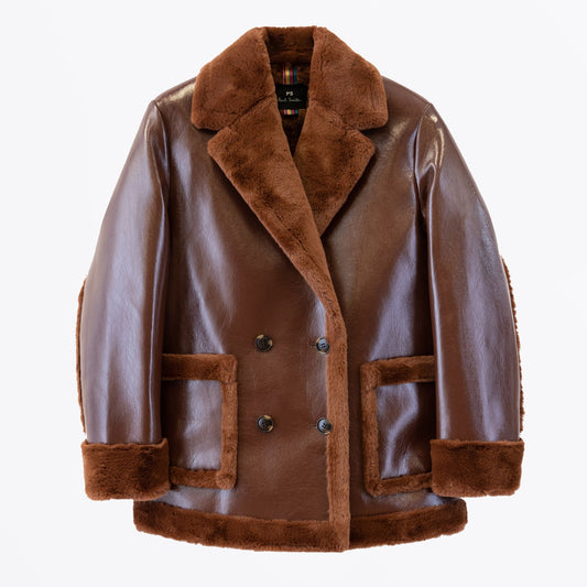 - Faux Shearling Pea Coat - Brown