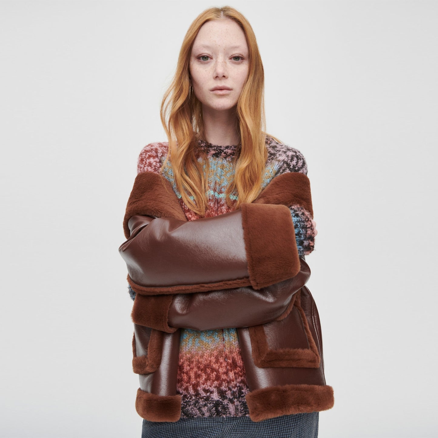 - Faux Shearling Pea Coat - Brown