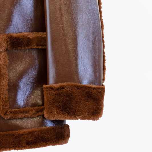 - Faux Shearling Pea Coat - Brown