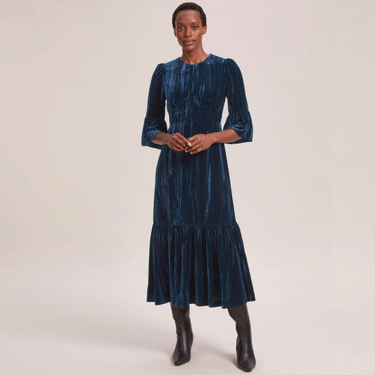 - Daphne Plisse Velvet Maxi Dress - Dark Blue