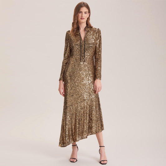 Jacquetta Sequin V Neck Maxi Dress - Gold