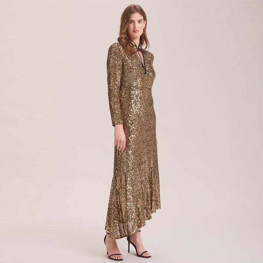 Jacquetta Sequin V Neck Maxi Dress - Gold