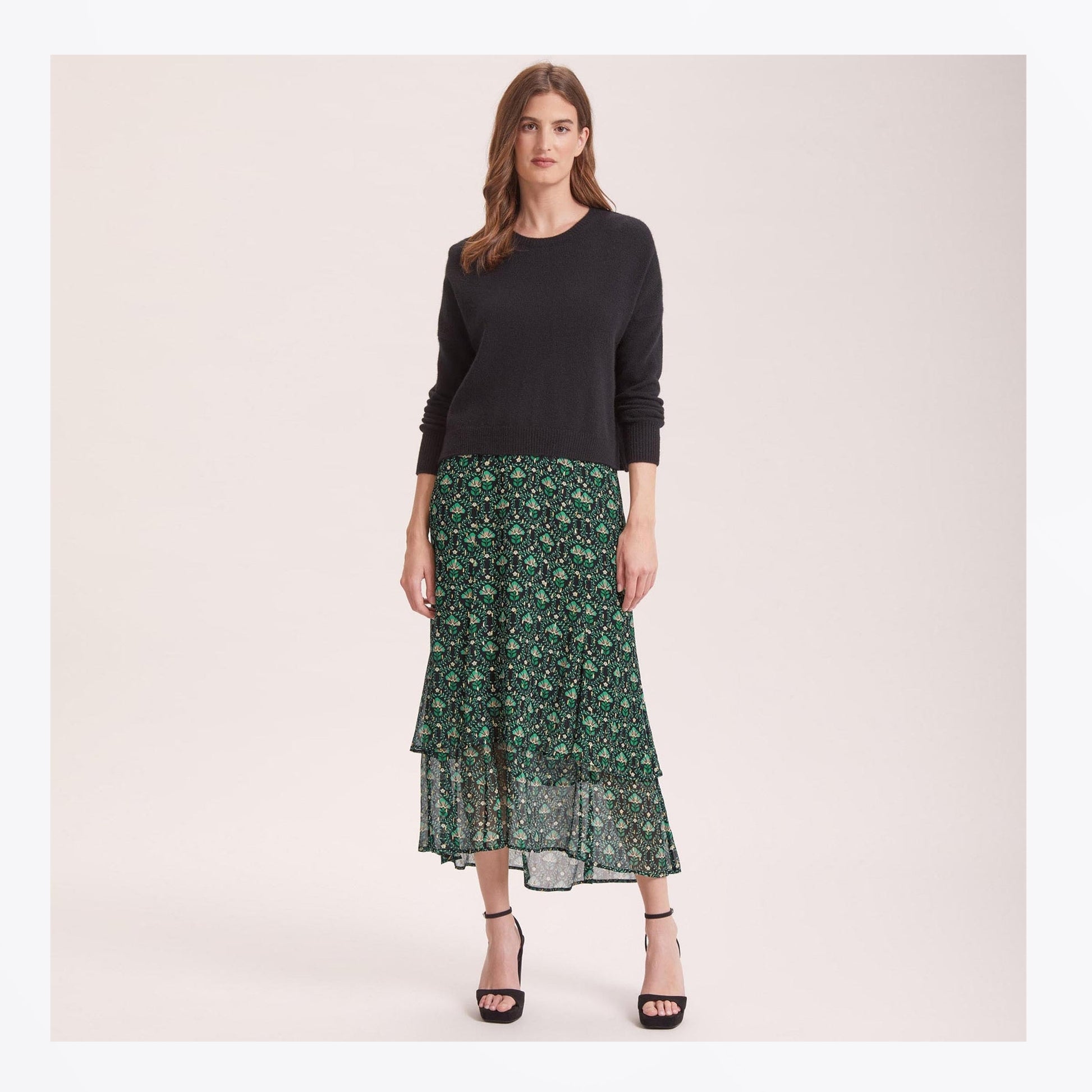 Cefinn Lotta Lurex Fil Coupé Skirt - Green Carnation Print