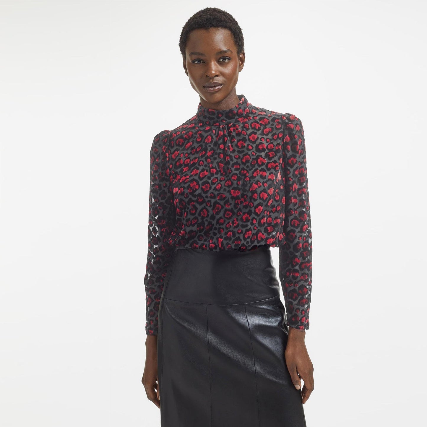 - Thalia Devore Funnel Neck Blouse - Red Leopard Devore