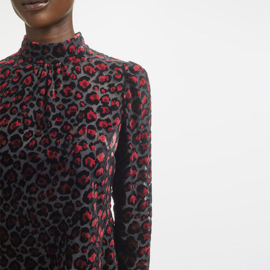 - Thalia Devore Funnel Neck Blouse - Red Leopard Devore