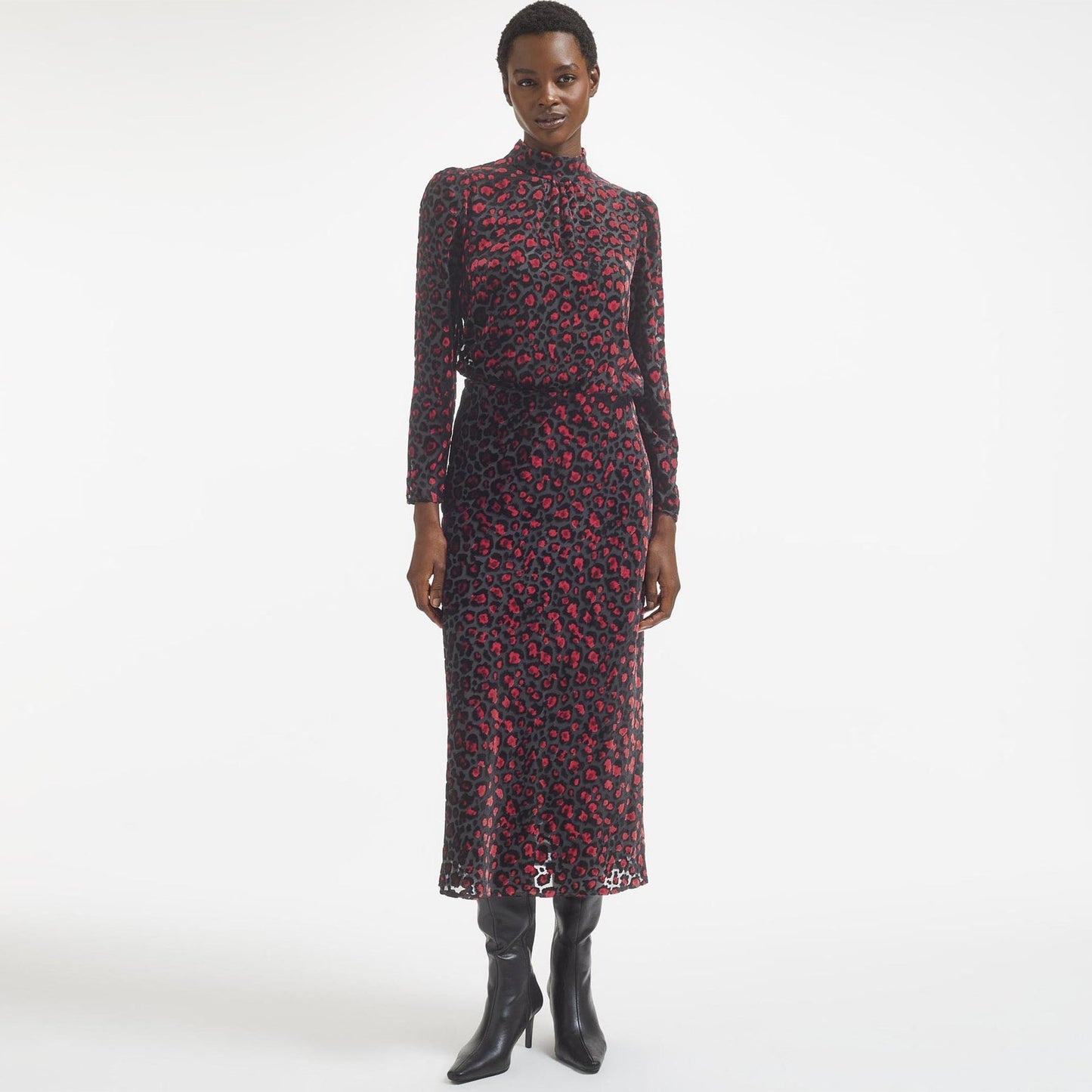 - Thalia Devore Funnel Neck Blouse - Red Leopard Devore