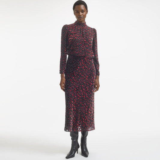 - Thalia Devore Funnel Neck Blouse - Red Leopard Devore