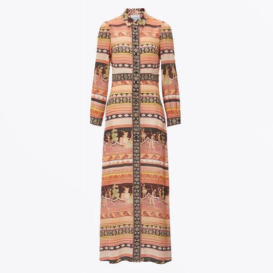 - Dancing Girls Long Sleeve Maxi Shirt Dress - Terracotta