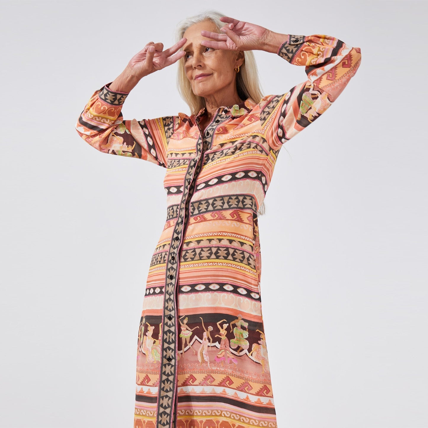- Dancing Girls Long Sleeve Maxi Shirt Dress - Terracotta