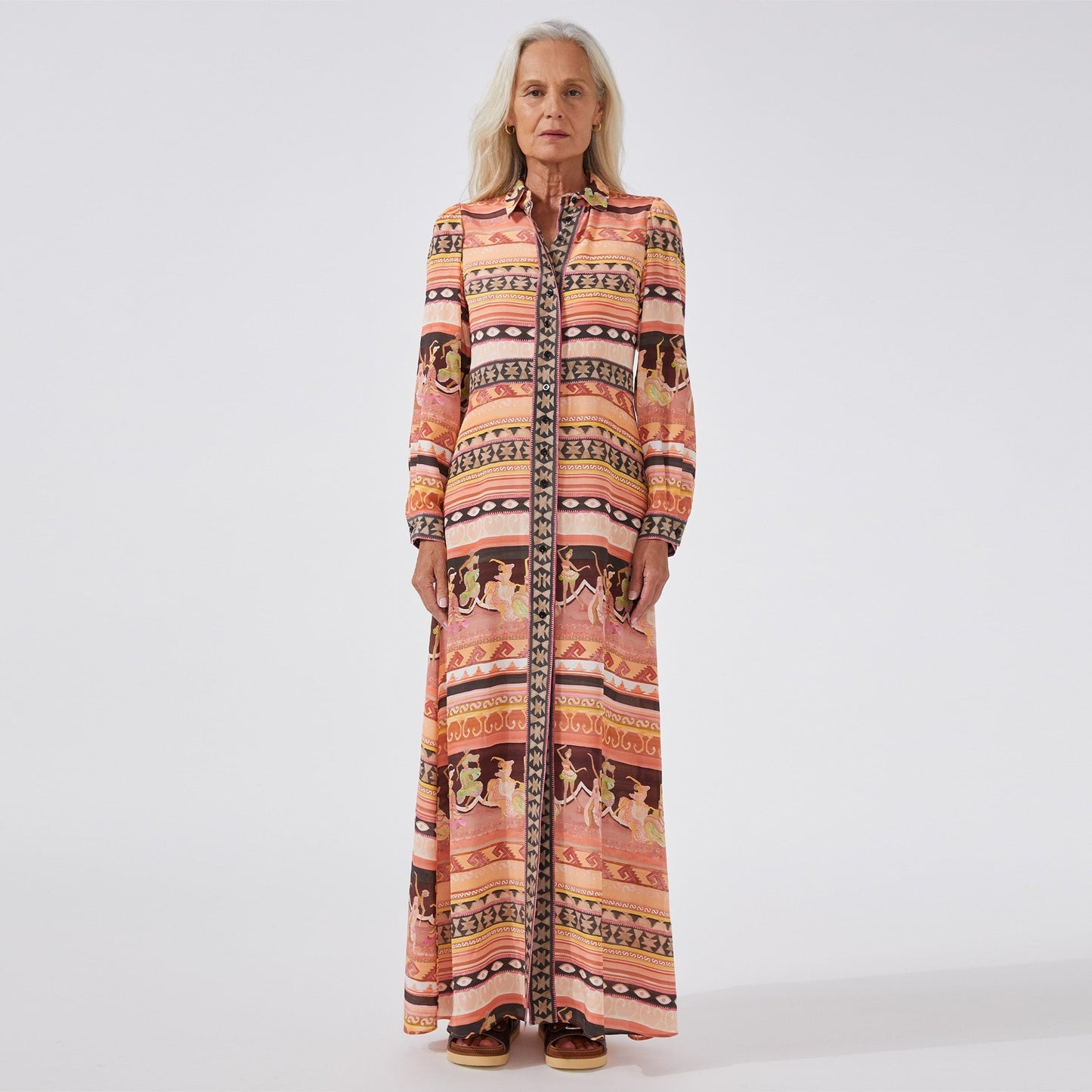 - Dancing Girls Long Sleeve Maxi Shirt Dress - Terracotta