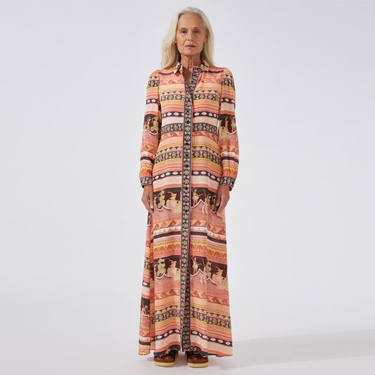 - Dancing Girls Long Sleeve Maxi Shirt Dress - Terracotta