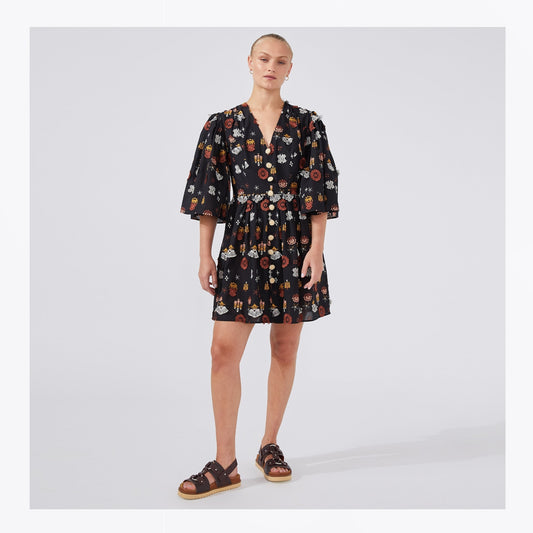 - Esmerelda Embroidered Cotton Mini Dress - Black